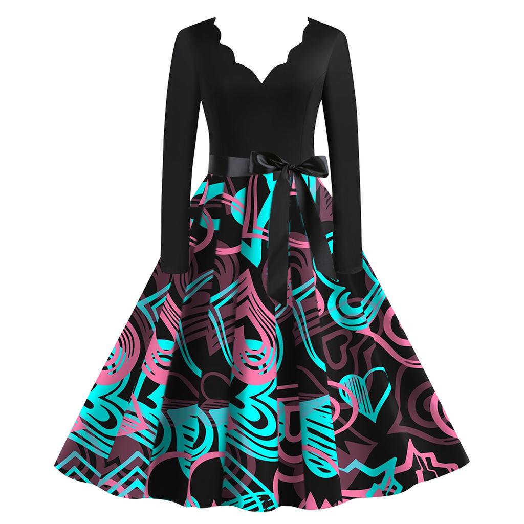 Women's Fashion Valentine's Day Casual Slim Fit Printed Big Hem Long Sleeve Dress