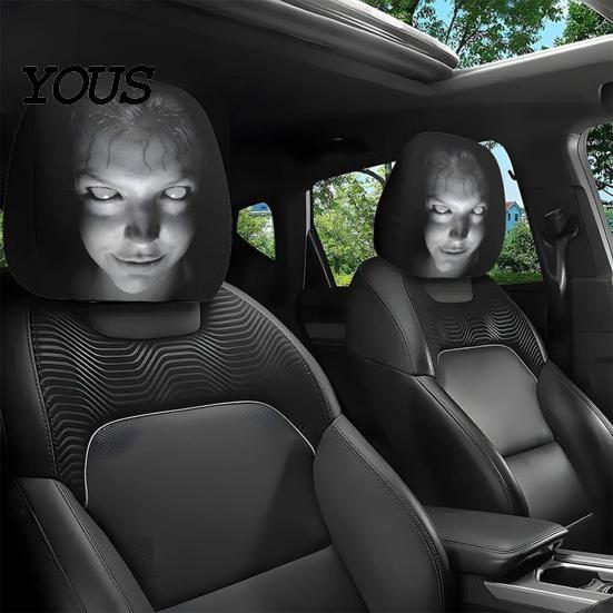 Easy to Install Vehicle Headrest Protectors 2PCS Car Cover with Scary Face Printing, Breathable Stretch Knitted Knit Fabric Dust Cover, Halloween