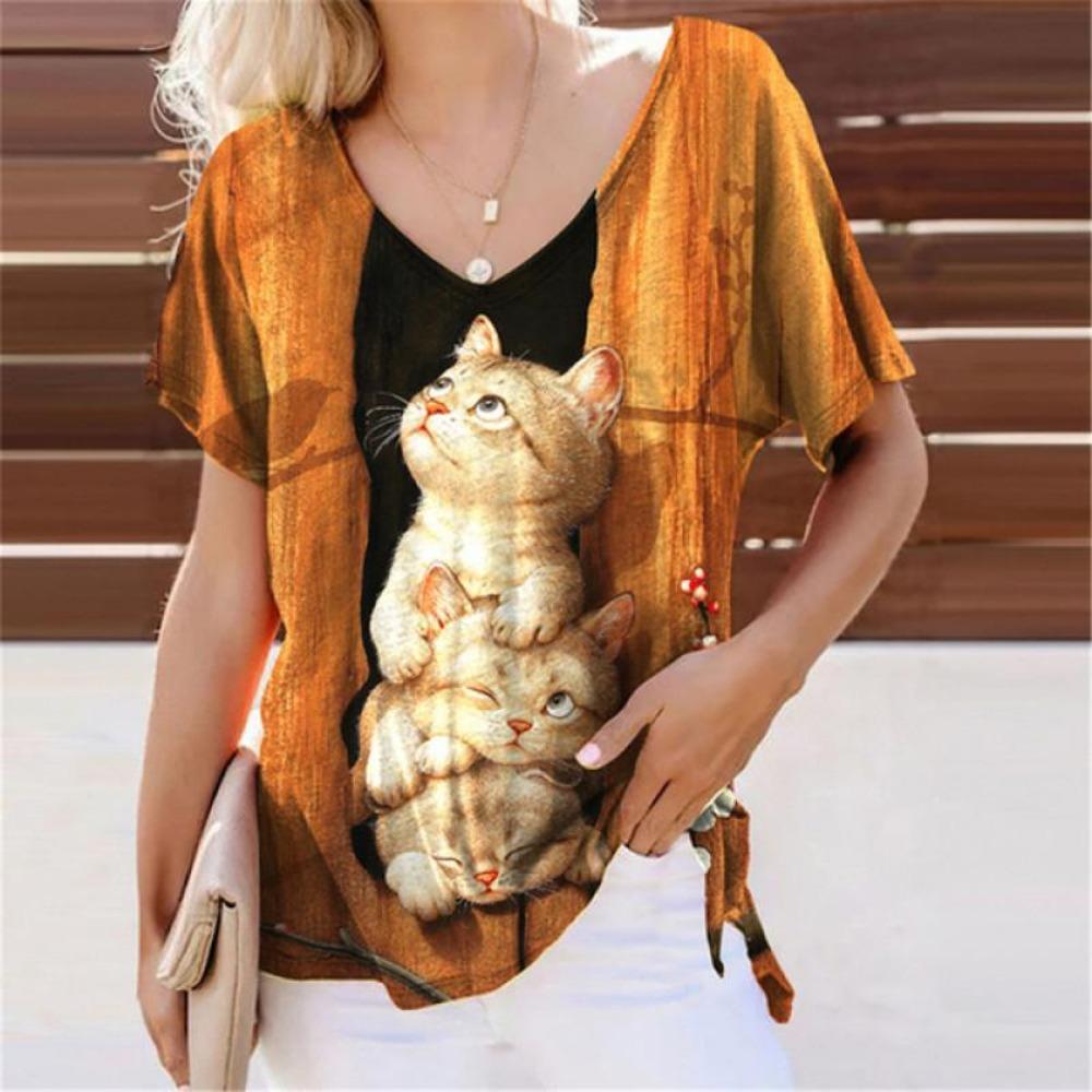 Summer Lovely Cat 3D Print T-Shirts Women Casual V-Neck Short Sleeve T Shirt Y2k Harajuku Animal Tees Loose Tops Female Clothing