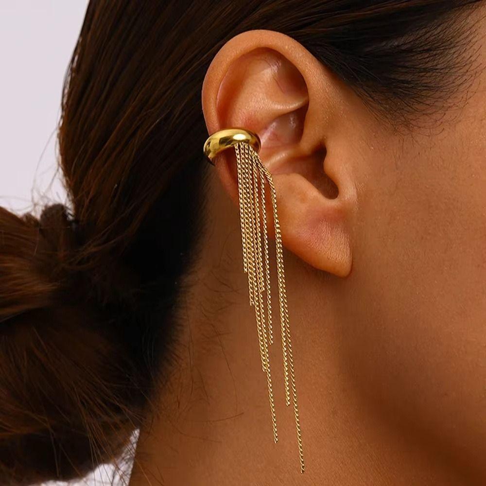 Golded C Shape Ear Cuff Stainless Steel Tassel Earrings Retro Gold Jewelry  Travel