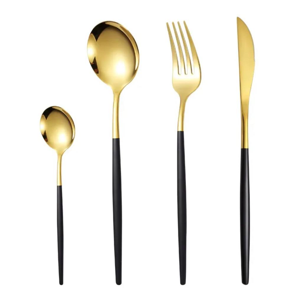 4Pcs Stainless Steel Cutlery Set - Golden Design Steak Knife Fork Spoon Coffee Spoon for Wedding Restaurant Home Durable Elegant