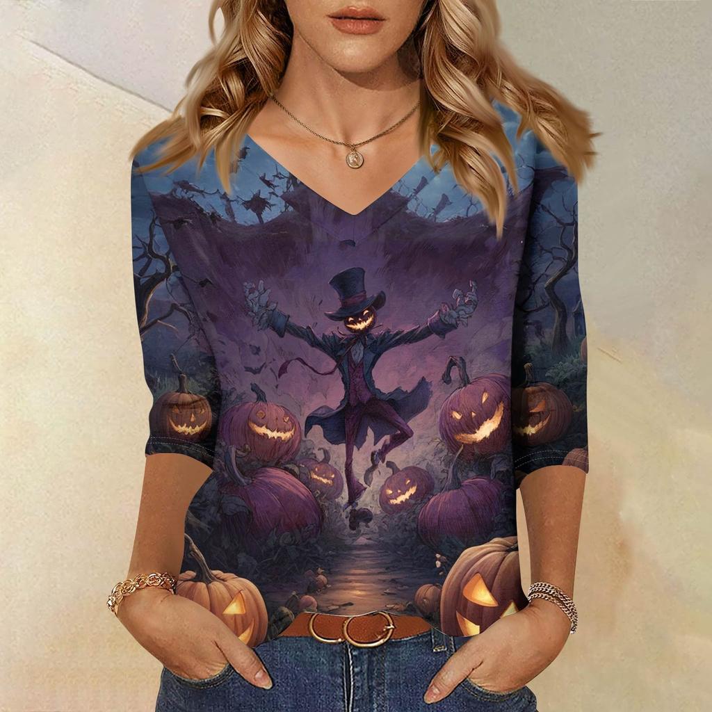 Damenoberteile Dreiviertelarmhemd V-Ausschnitt Lockeres Freizeitshirt Druck T-Shirt