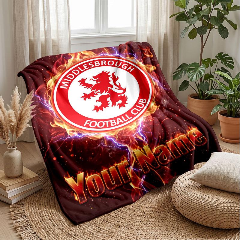 Middlesbrough FC Custom Name Text Flannel Blanket Soccer Logo Personalized Fleece Throw Blanket Special Gift For Sofa Bedroom Home