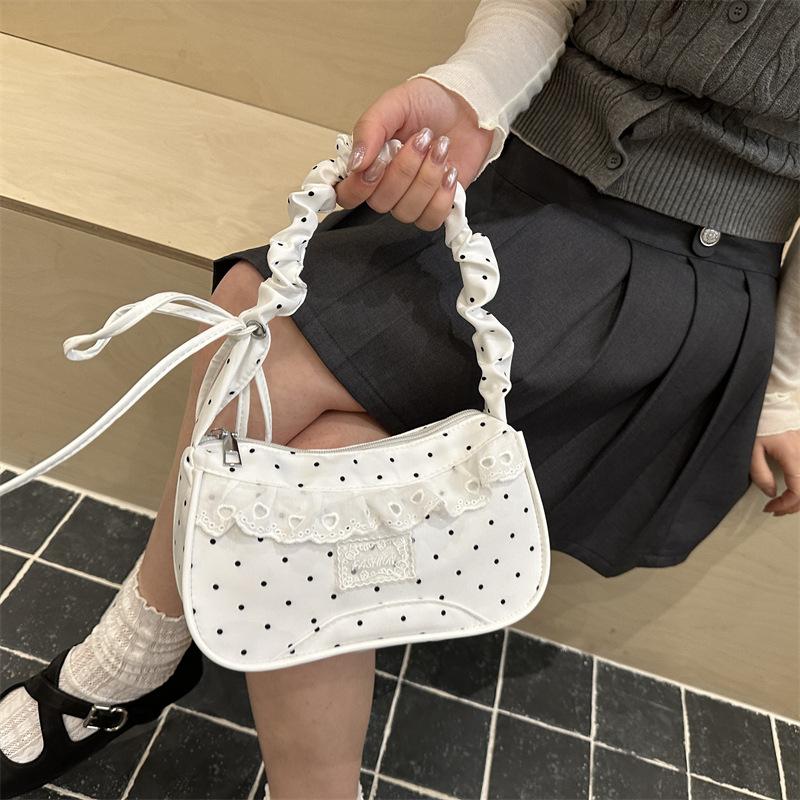 Yogodlns Lace Polka Dot Shoulder Bag Stretchable Strap Large Capacity Pleated Underarm Bag Multi-Color French Stick Handbag Purse