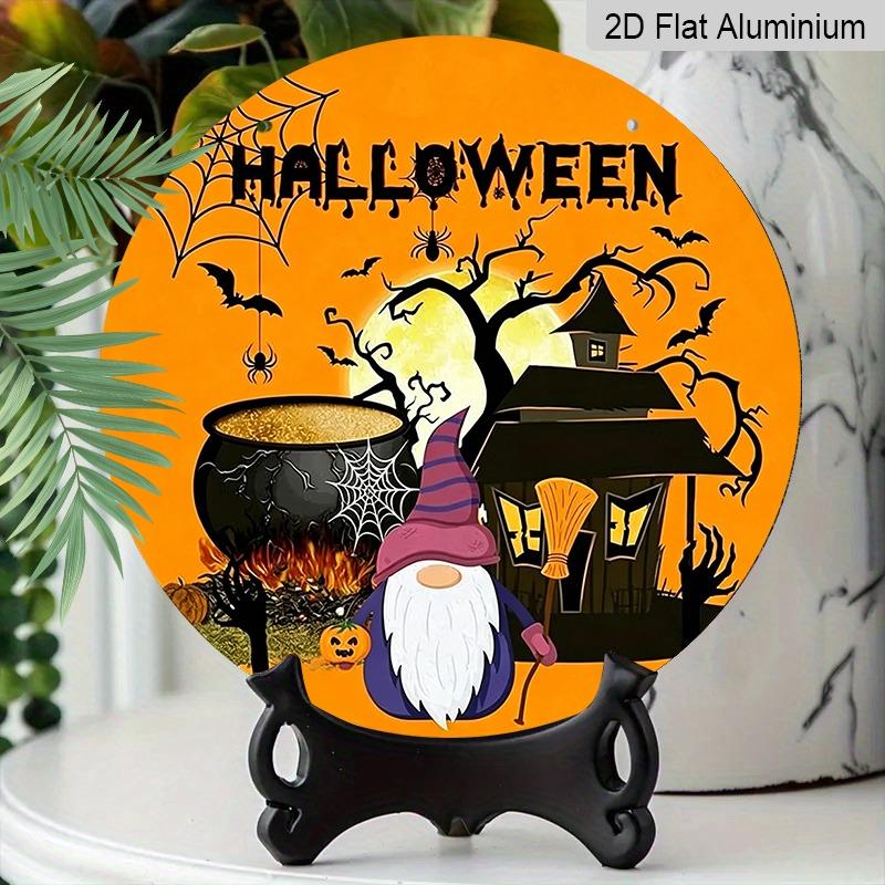 2D Flat Aluminum Decorative Plaques and Ornaments Sign, Halloween Hanging Plaque with Witch Gnome, Haunted House, Cauldron, Pumpkin and Bat Design