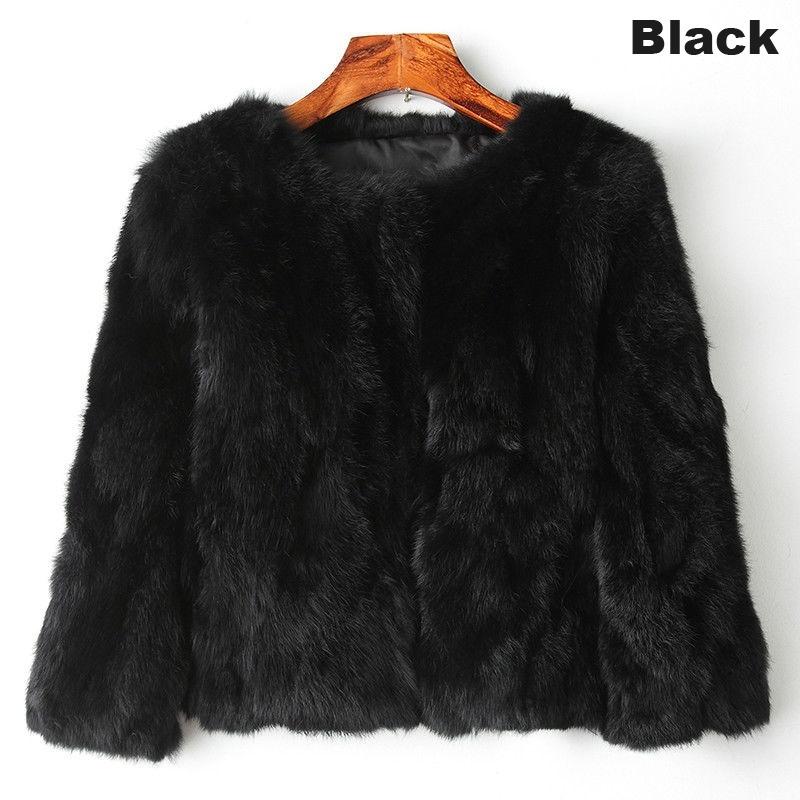 Lady Real Genuine Rabbit Fur 3/4 Sleeve Outwear Winter Warm Jacket Furry Coat