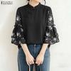 ZANZEA Women Casual Stand Collar Loose Print Splice 3/4 Sleeve Blouse