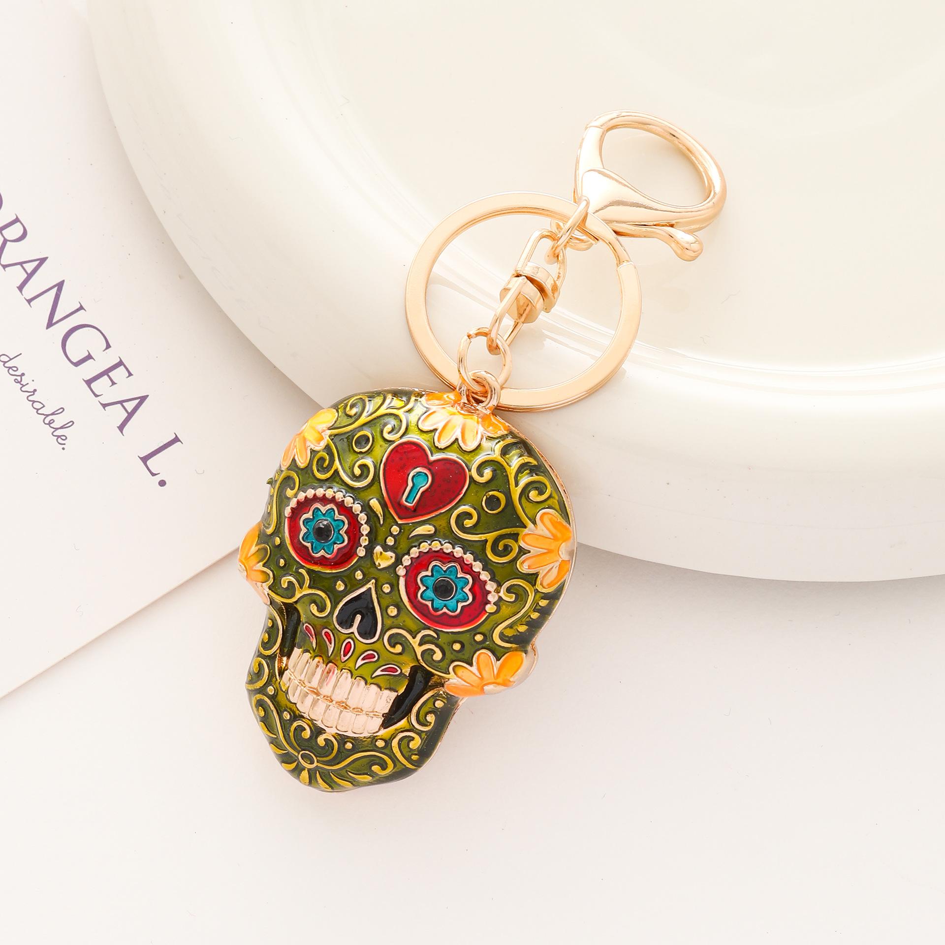 Halloween Mexicaanse Suikerschedel Dag van de Doden Bloemen Emaille Metaal Hanger Rugzak Tas Bedeltje Vakantie Ornament Bagage Bedeltje beige