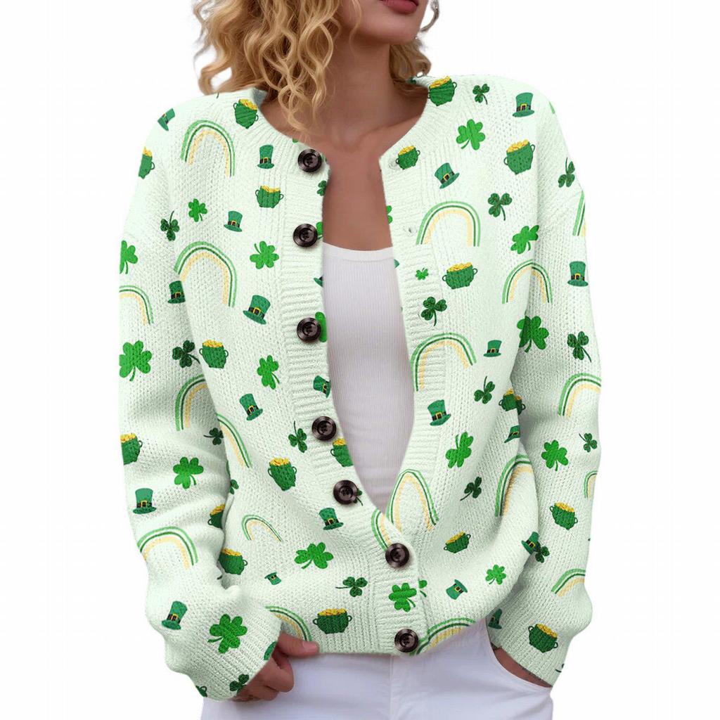 Saint Patrick Round Neck Knit Cardigan - Casual European and American Style Sweater