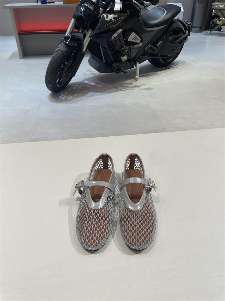 Damen Sommer Sandalen aus Leder mit hohlem Netzmuster, Ein-Wort-Schnalle, runde Spitze, flache Sohle, flacher Ausschnitt, Mary Jane Einzelspangen-Schuhe