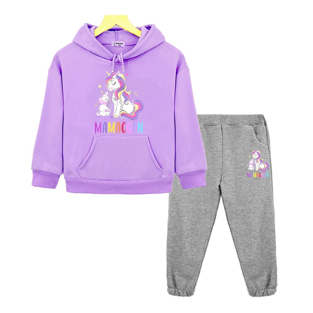 Unicorn Print Boys Girls Hooded Sets Kawaii Anime Hoodie Autumn Sweatshirt Fleece Pullover Cartoon 2PCS Jacket+Pants Kids Boutique Clothes