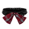3pcs/set Women's Fashion Sexy Leather Bodysuit Zipper Lingerie Set with Plaid Skirt