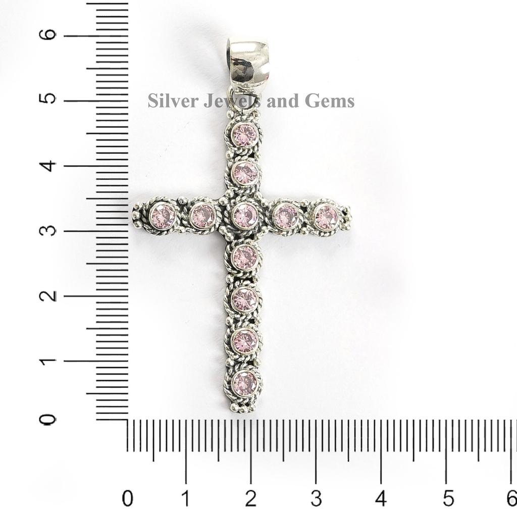 Pink Cubic Zirconia Cross Pendant, Gift for Girls, Round Multi Stone Pendant, 925 Sterling Silver Pendant, Pink CZ Handmade Pendant