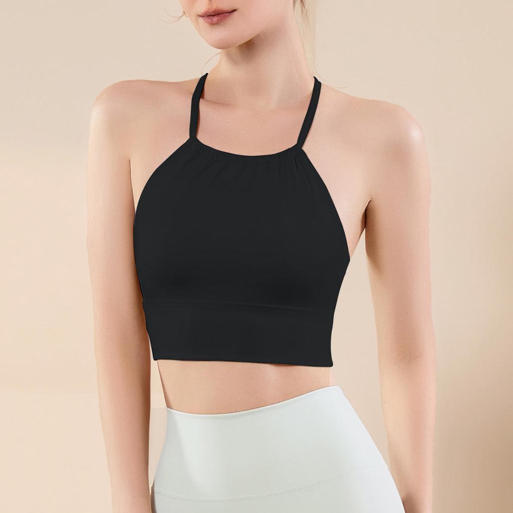 Pleated Halter Neck Sports Bra with Fixed Cups