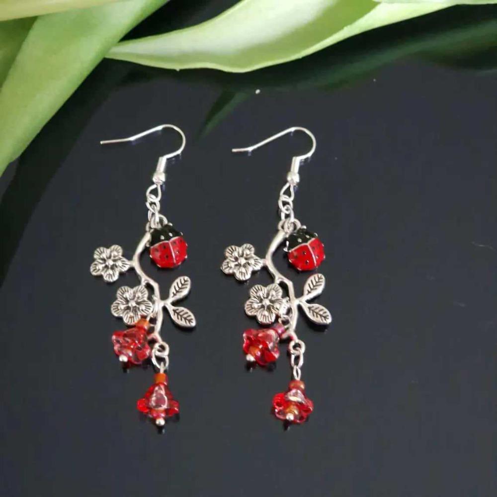 Cute Enamel Ladybug Floral Branch Red Glass Bellflower Dangle Earrings for Women Boho Nature Retro Sliver Color Jewelry Gifts