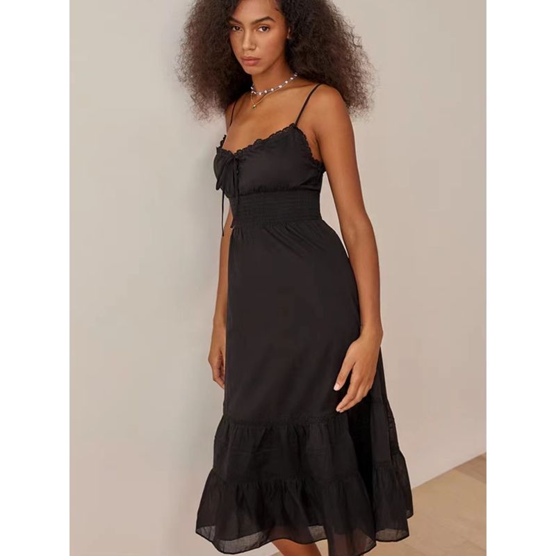 

Gentle French White Lace Trim Mid-Length Sling Dress Black(High quality) L