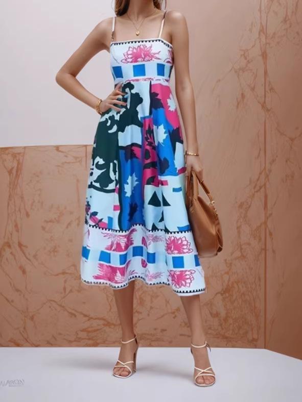 In Stock 2026: Graffiti Print Wide Hem Spaghetti Strap Dress for Women - Casual European & American Style