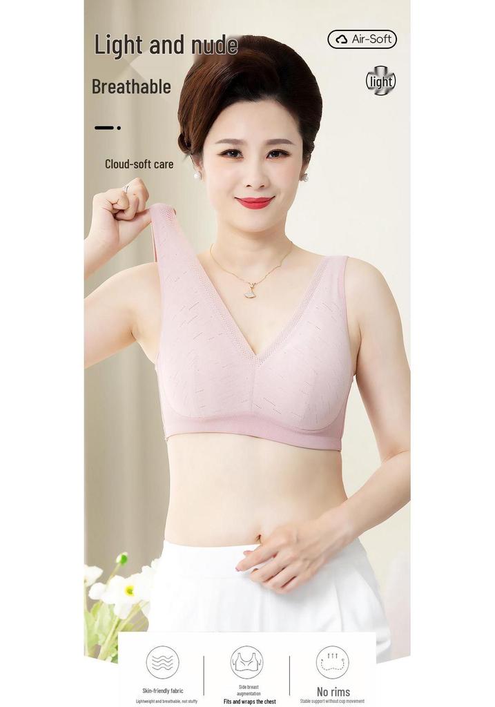 Mom's Wireless Cotton Padded Lace Bra - Comfortable, Thin, Plus Size Vest for Middle-Aged & Elderly Women