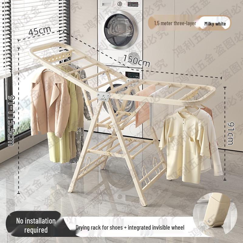 Folding Floor-Standing Clothes Drying Rack for Household, Bedroom, Balcony, Indoor Use - Ideal for Baby Clothes and Quilts.