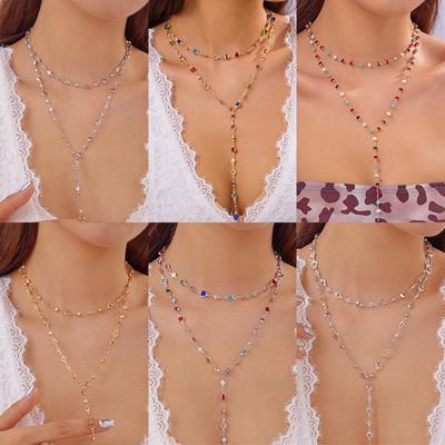 Elegant Women Double Layer Colorful Crystal Metal Collarbone Chain Long Fringe Necklace Trendy Fashion Jewelry