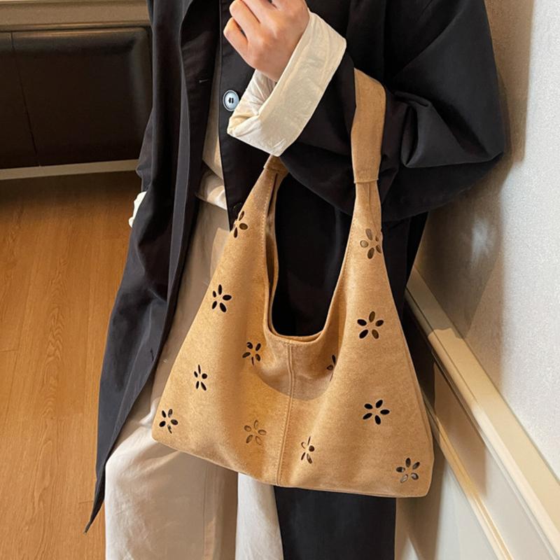 Faux Suede Women's Hollow Flower Shoulder Bags Matte Leather Female Underarm Bag Vintage Large Capacity Female Tote Handbags
