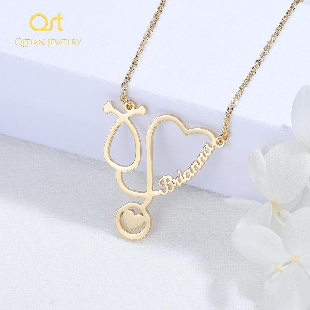 Collane con Nome Personalizzato Gioielli in Acciaio Inossidabile Personalizzate Placcatura Oro Ciondolo Stetoscopio Collane con Targhetta Nome Donna Regalo per Medico alla Fiera alla Moda