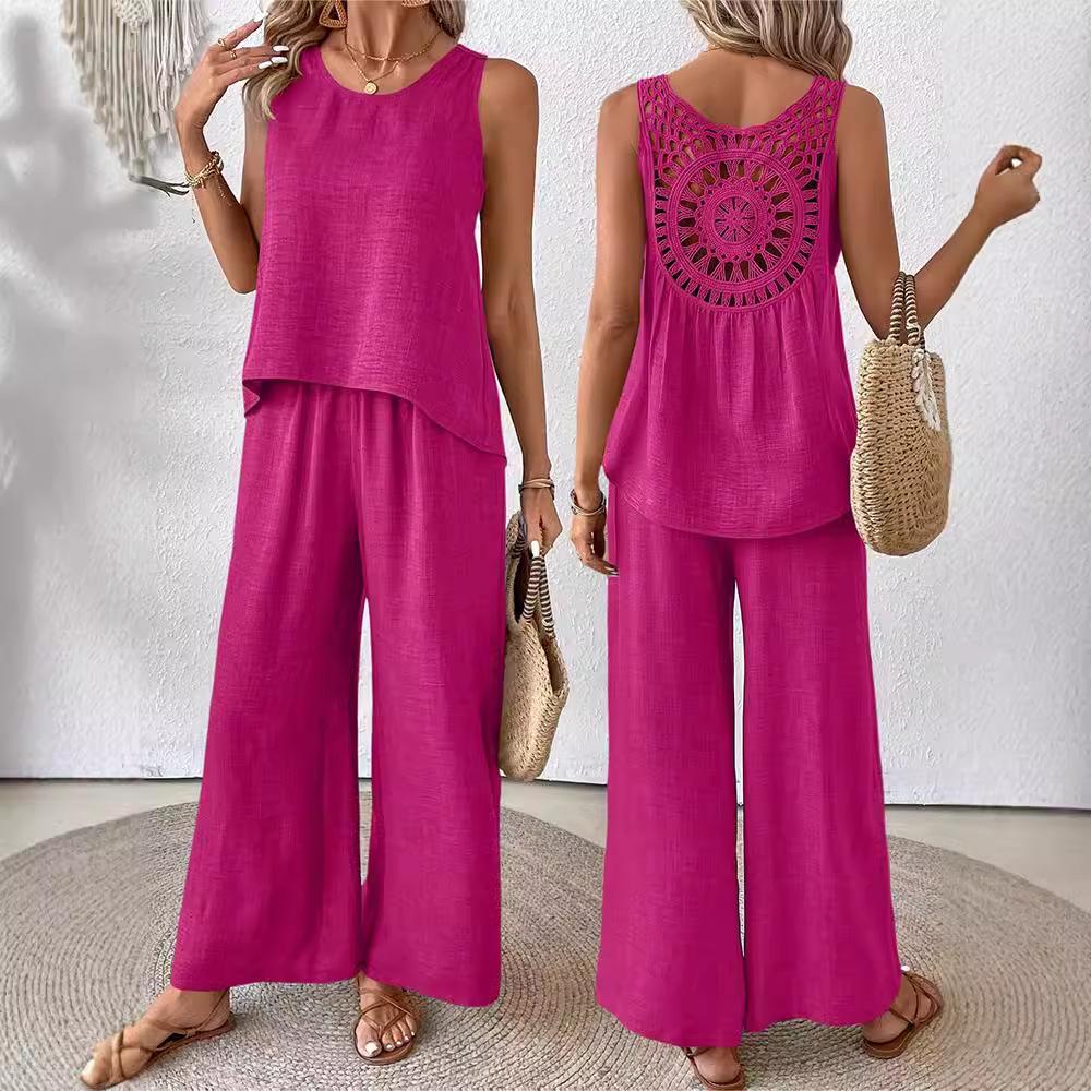 Solid Color Casual Loose Pants Sets For Women Elegant Summer Women's Two Pieces Suit Full Trouser Set Female Outfit Clothes