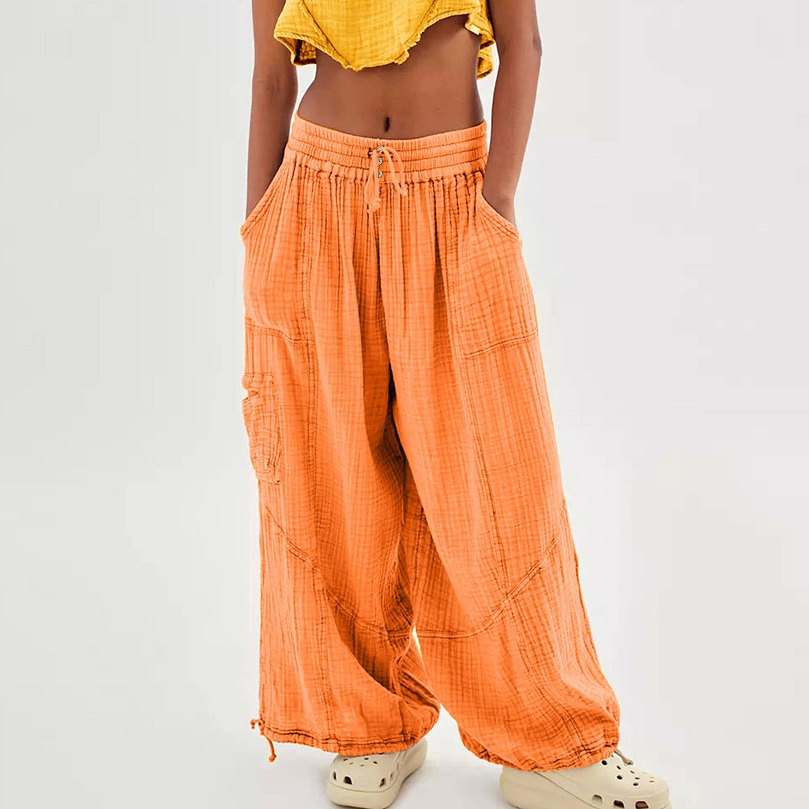 

Beach Pants Pants Women Wide Leg Harem Pants High Waist Button Drawstring Palazzo Pants Loose Plus Size Pant with Pocket XS оранжевый