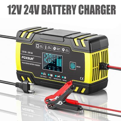 Chargeur de Batterie de Voiture Entièrement Automatique 12V/8A 24V/4A Réparation par Impulsions FOXSUR Voiture Moteur Camion AGM Plomb-acide Écran LCD Charge Automatique de Batterie FBC122408D