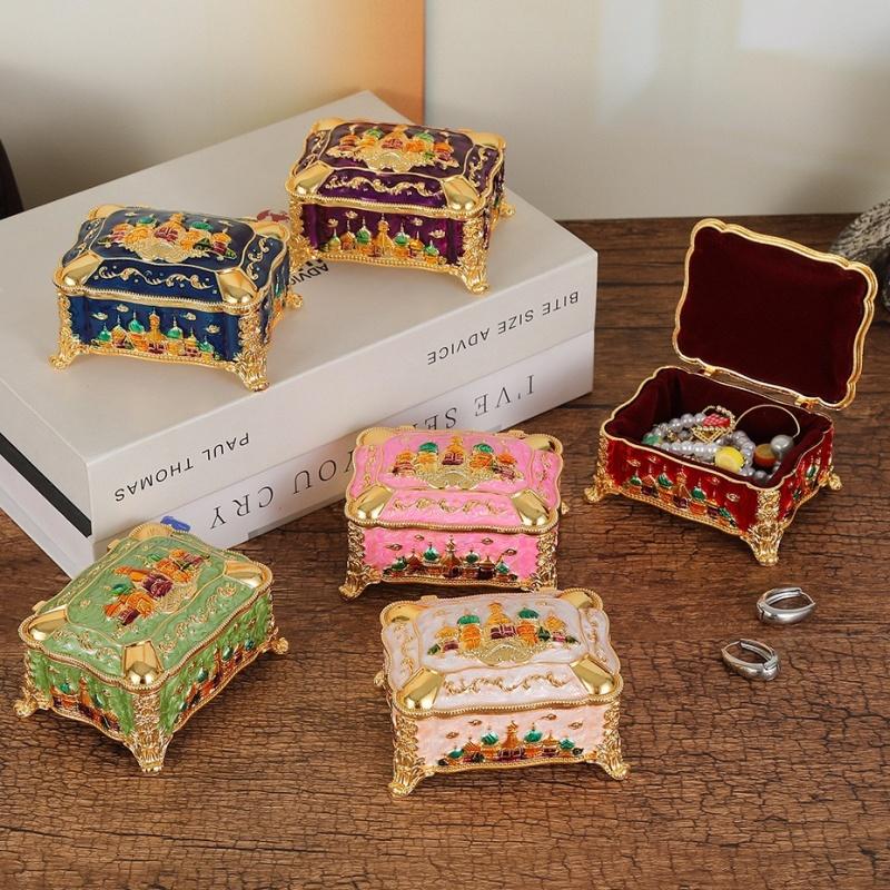 Mini Portable Jewelry Storage Box Bracelet Organizer,Embossed Castle Enamel Alloy Ring Storage Jar Dresser Display Decorative