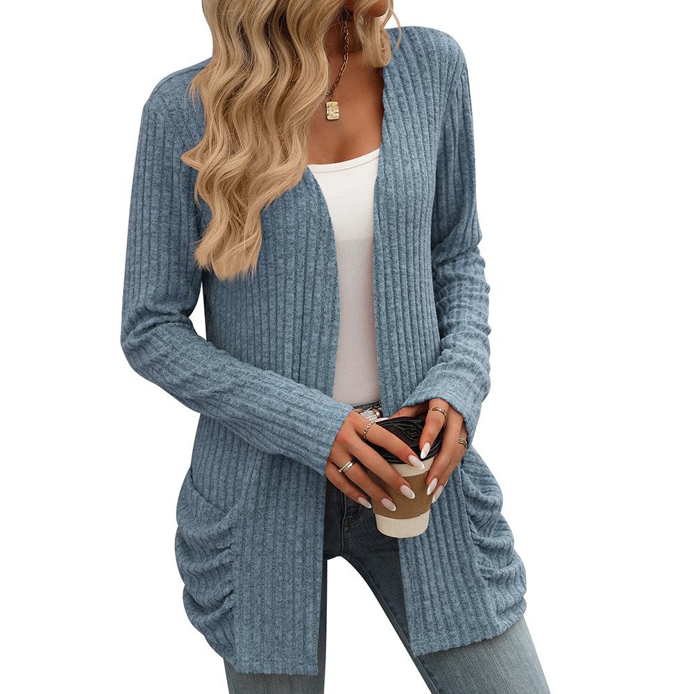 Outono e inverno feminino malhas cor sólida pit listra escovado bolso cardigan manga longa jaqueta