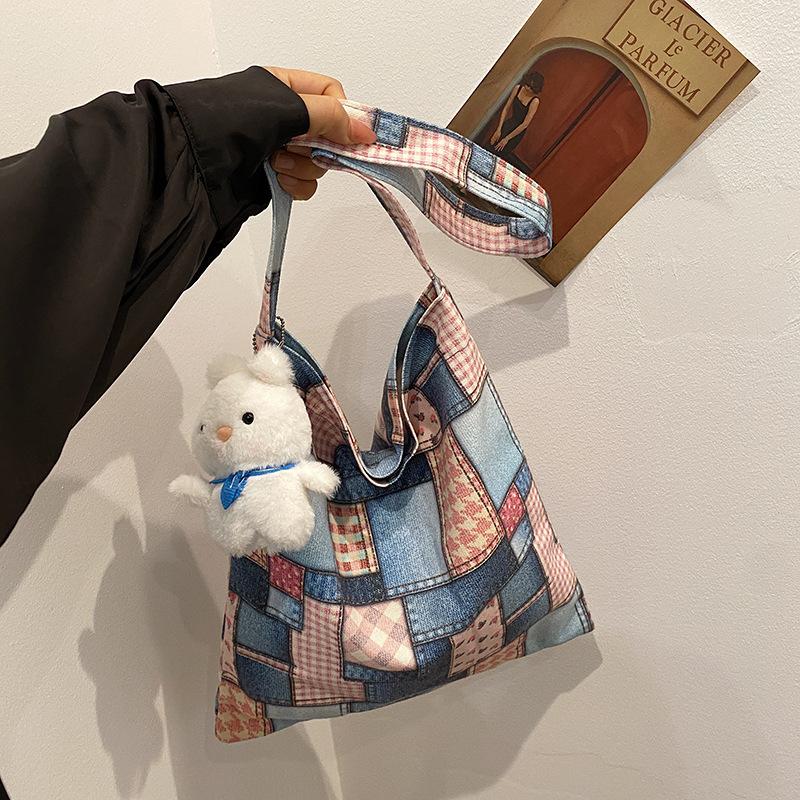 

2025 новая повседневная джинсовая сумка, универсальная холщовая сумка-тоут, джинсово-синяя клетчатая сумка на плечо/подмышку single package розовый