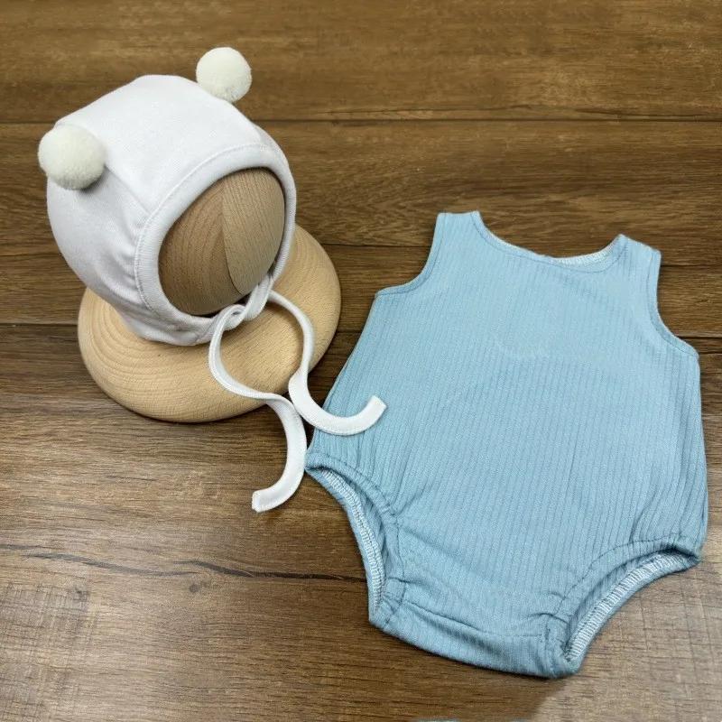 2Pcs Studio Baby Photo Props Accessories Infant Shot Clothes Outfits Fotografia Newborn Photography Clothing Hat Jumpsuit
