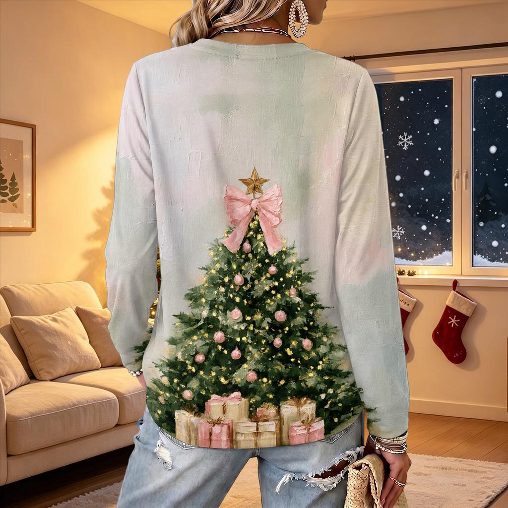 Women's V-Neck Long Sleeve Christmas Print Lightweight Blouse for Spring and Summer