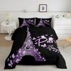Black Purple Bedding Set Paris Eiffel Tower Print Cozy Duvet Cover Set King Queen Twin Single Size Birthday Gift Bedroom Decor