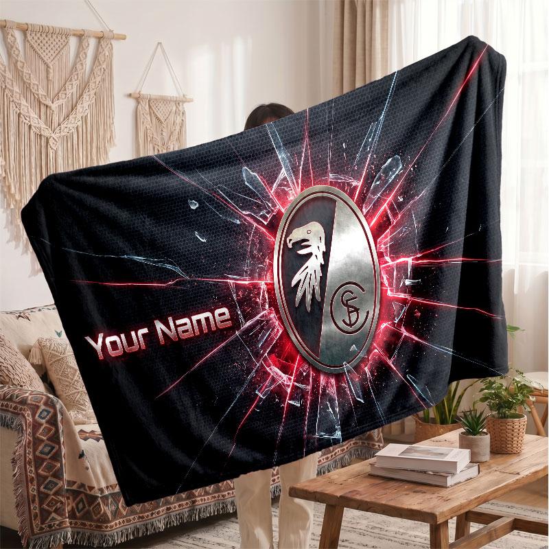 SC Freiburg Personalized Fleece Blanket With Football Logo, Custom Name Text Soft Warm Home Throw Blanket