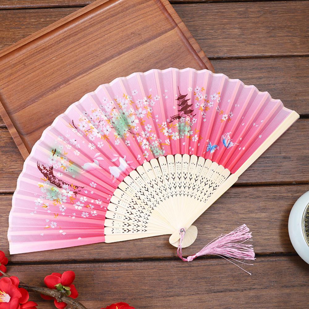 Chinese Japanese Folding Fan Wooden Shank Classical Dance Fan Tassel Elegent Female Fan Party Art Craft Gift Home Decoration