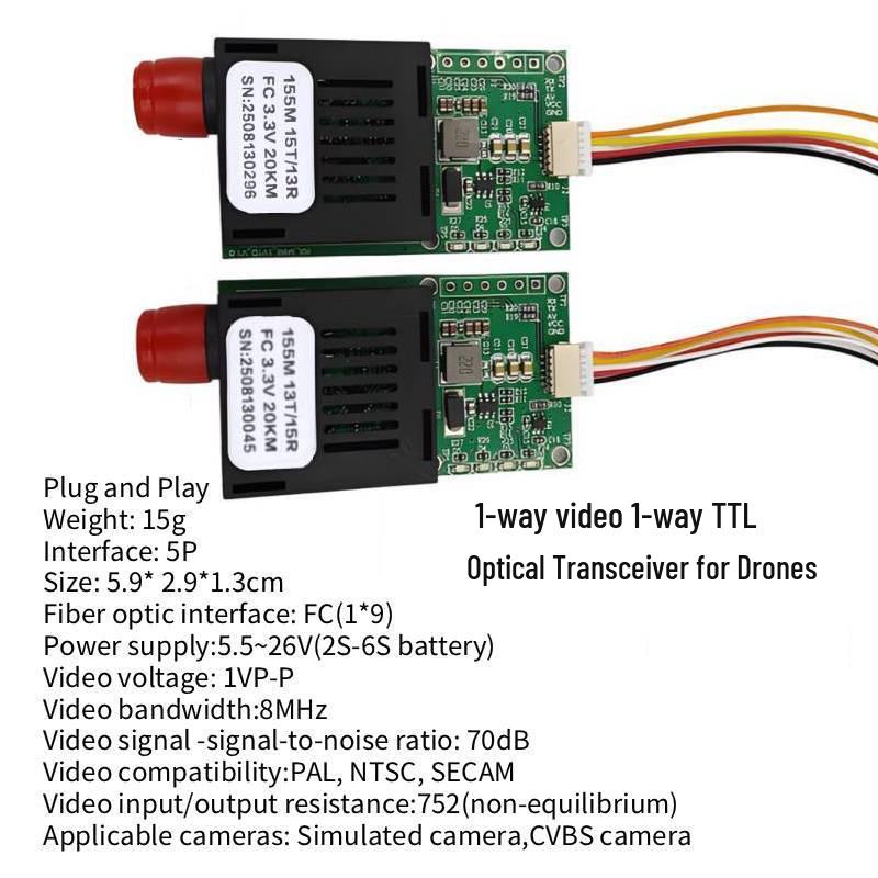 FPV Drone Fiber Optic Module - 1-Way Video to Fiber Optic TTL for Sky-to-Ground Embedding