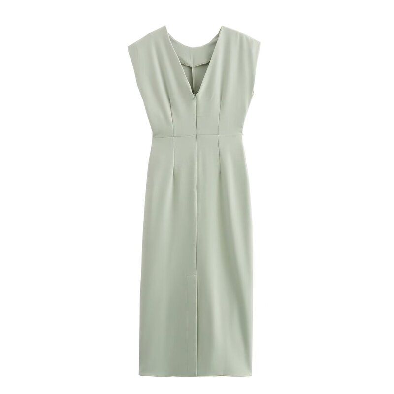 Fashion Style 2024 Summer New Women's Clothing V Neck Sleeveless Ruched Waist Midi Skirt Dress 1971151