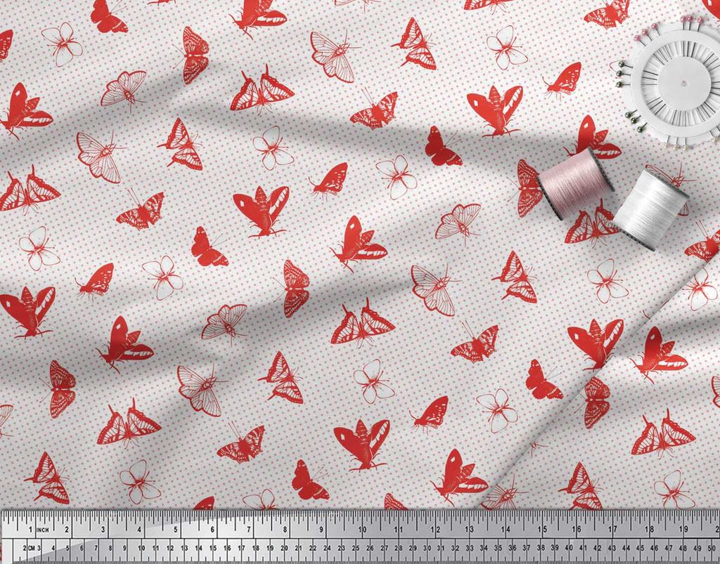 Soimoi Black Japan Crepe Satin Fabric Dot & Butterfly Print Fabric by Metre 42 Inch
