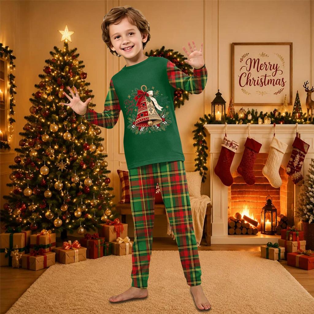 Christmas-print long-sleeve and long-pant matching family loungewear set