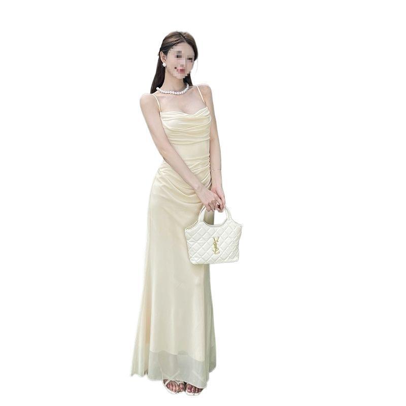 Elegant Summer Boat Neck Pleated Dress - Women's Waist-Cinched Fairy Style with Straps