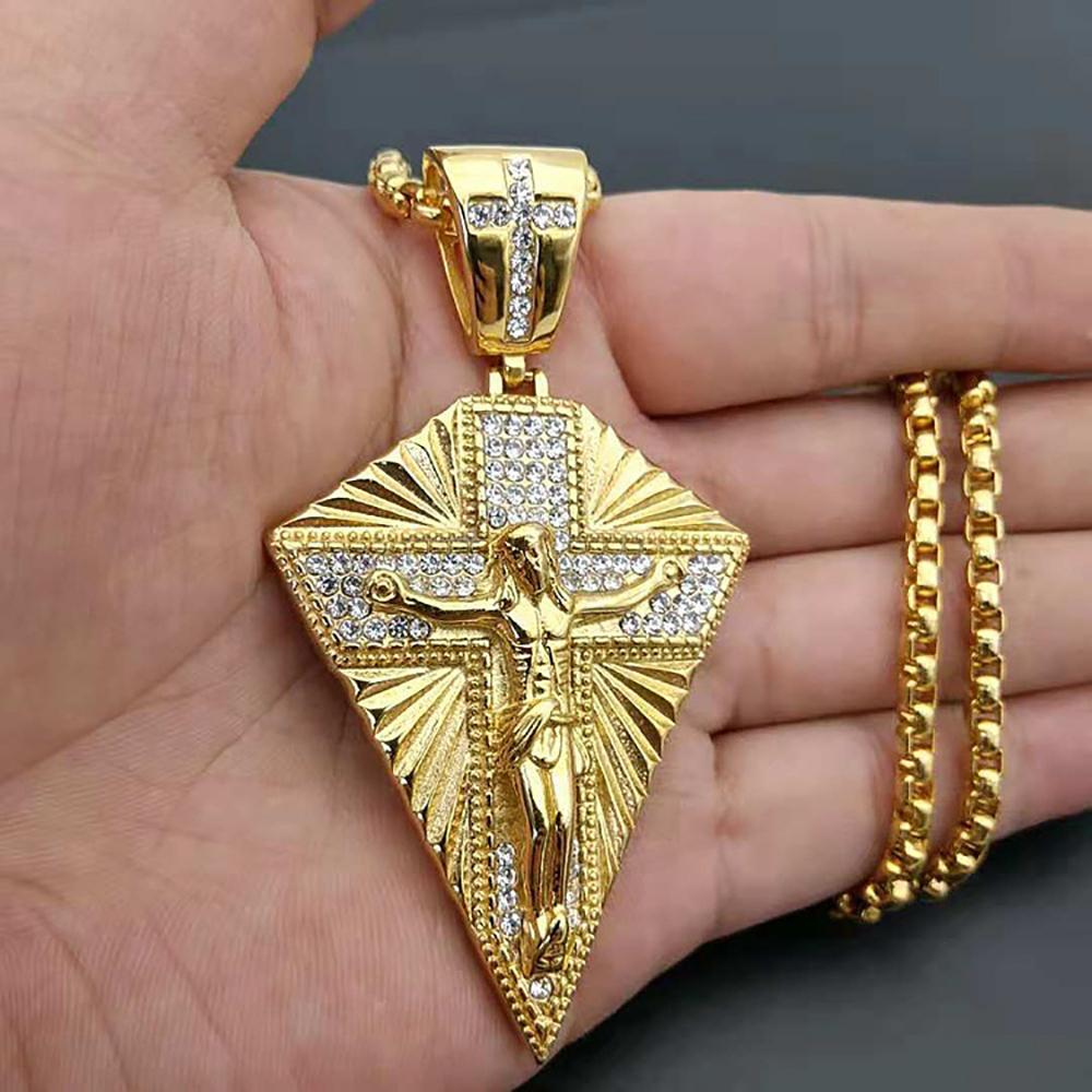 Big Crucifix Jesus Cross Pendant Male Gold Color Stainless Steel Christian Necklaces for Men Religious Fashion Jewelry Gift