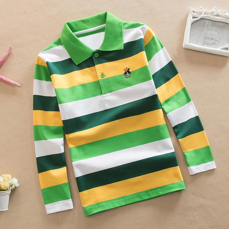 Boys' Korean Style Striped Long-Sleeve Polo Shirt with Turn-Down Collar (Sizes 100-170 cm) - Autumn & Spring Wear