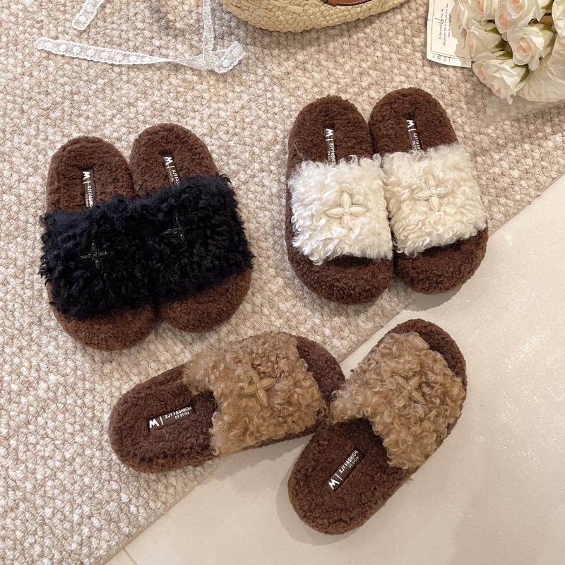 Fashion Curly Wool Slippers Women Lambs Fur Shoes Thicken Soled Platform Slides Ladies Woolen Pantufa Shearling Loafers Furry Shoes