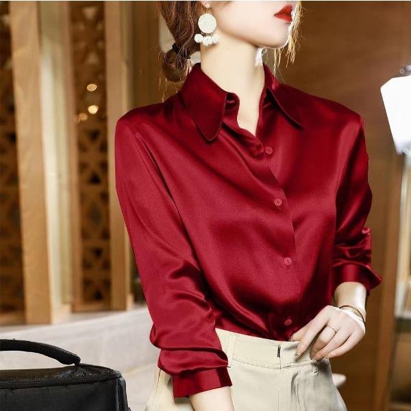 Women's Satin Shirt Spring and Autumn Long Sleeved Chiffon Top Solid Color Design Shirt
