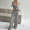 Women's Striped 2 Piece Outfits Long Sleeve Square Neck Cropped Top Drawstring Wide Leg Pants Set Casual Lounge Sweatsuits