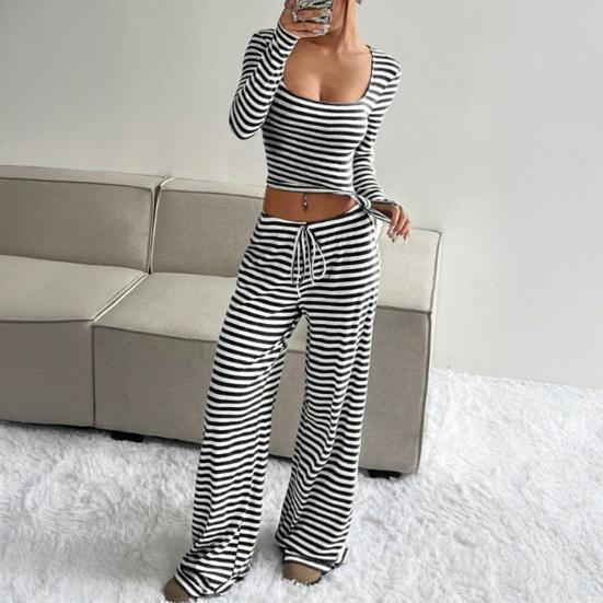 Women's Striped 2 Piece Outfits Long Sleeve Square Neck Cropped Top Drawstring Wide Leg Pants Set Casual Lounge Sweatsuits