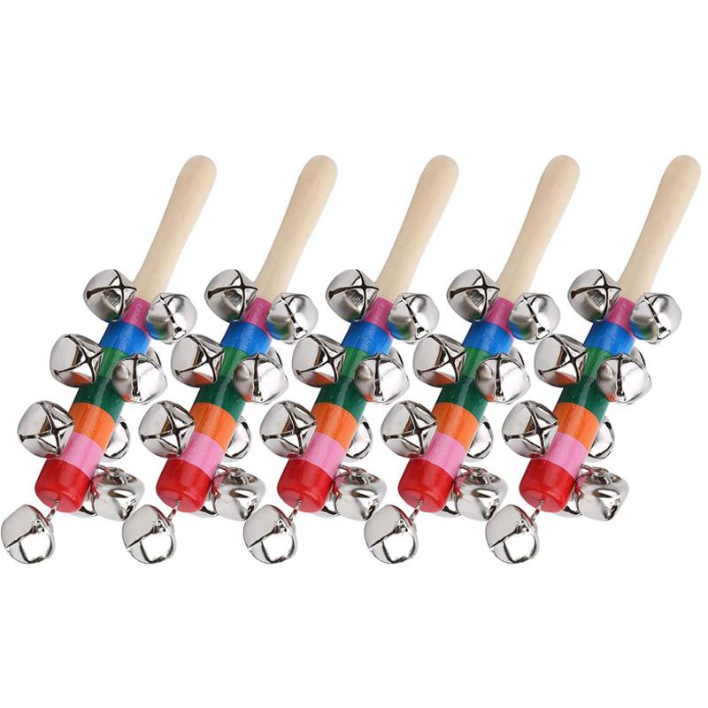 5Pcs Wooden Jingle Hand Bells Rainbow Stick Shaker Rattle Party Favors Percussion Instruments For Kids Baby Musical Toys