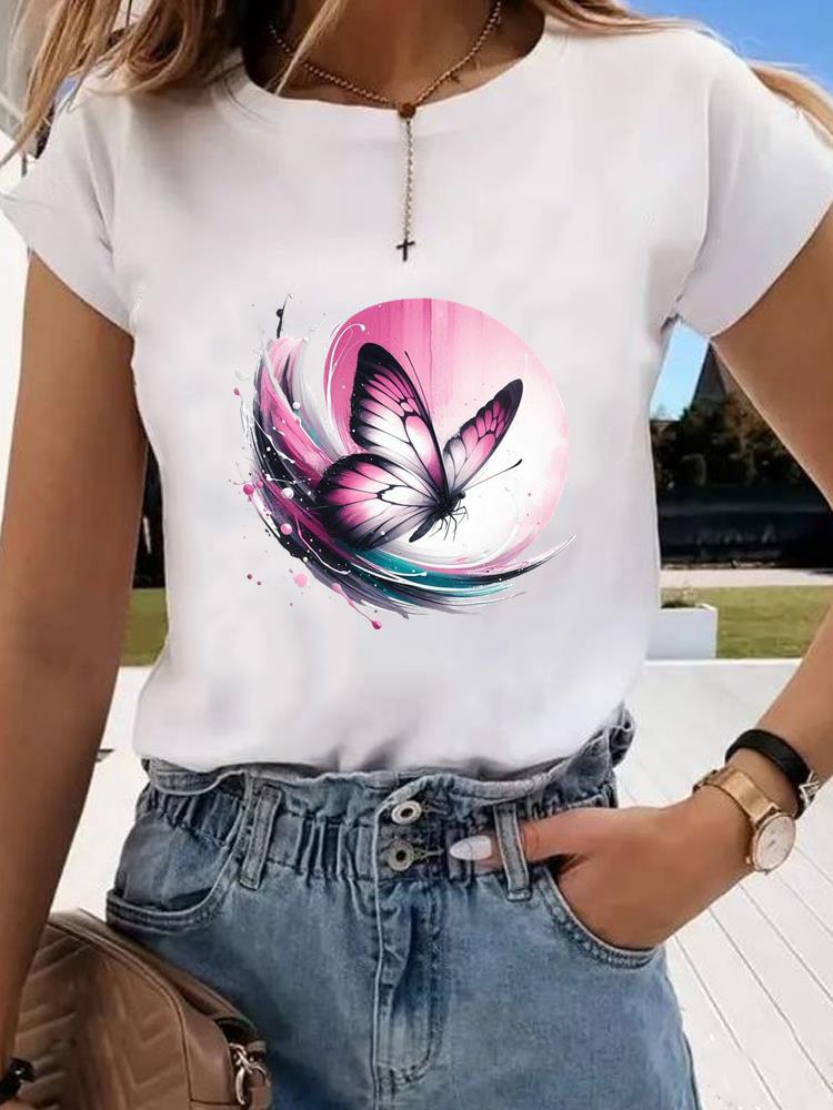 (Asian Size)  trend butterfly flower cute Graphic Tee Fashion T Clothing Women's Top  Print Female Casual  Short Sleeve T-shirts